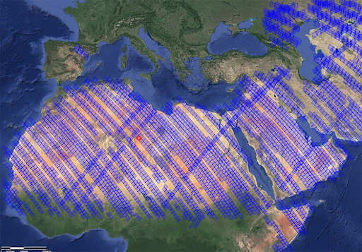 Figure 18: EMIT’s data acquisition paths over arid regions from the ISS, orbiting Earth approximately once every 90 minutes. Data in Figure 17 was gathered in the area marked by the red box in South-West Libya. (Image credit: NASA/JPL-Caltech)