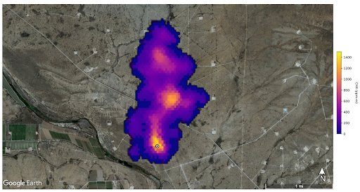 Figure 13: Spectral image of a methane plume 3 km long detected by EMIT South-East of Carlsbad, New Mexico. (Image credit: NASA/JPL-Caltech)