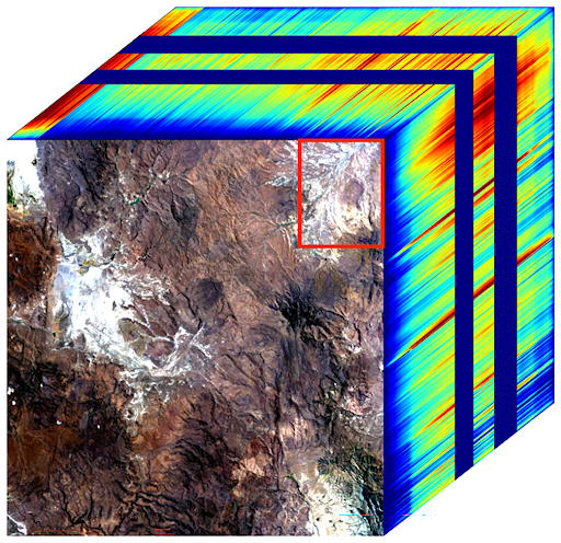 Figure 14: True-colour spectral cube of a region in North-West Nevada observed by EMIT. The adjacent faces on the cube depict the spectral fingerprint for each point in the image, showing the presence of kaolinite, a light-coloured clay mineral that reflects sunlight. (Image credit: NASA/JPL-Caltech)
